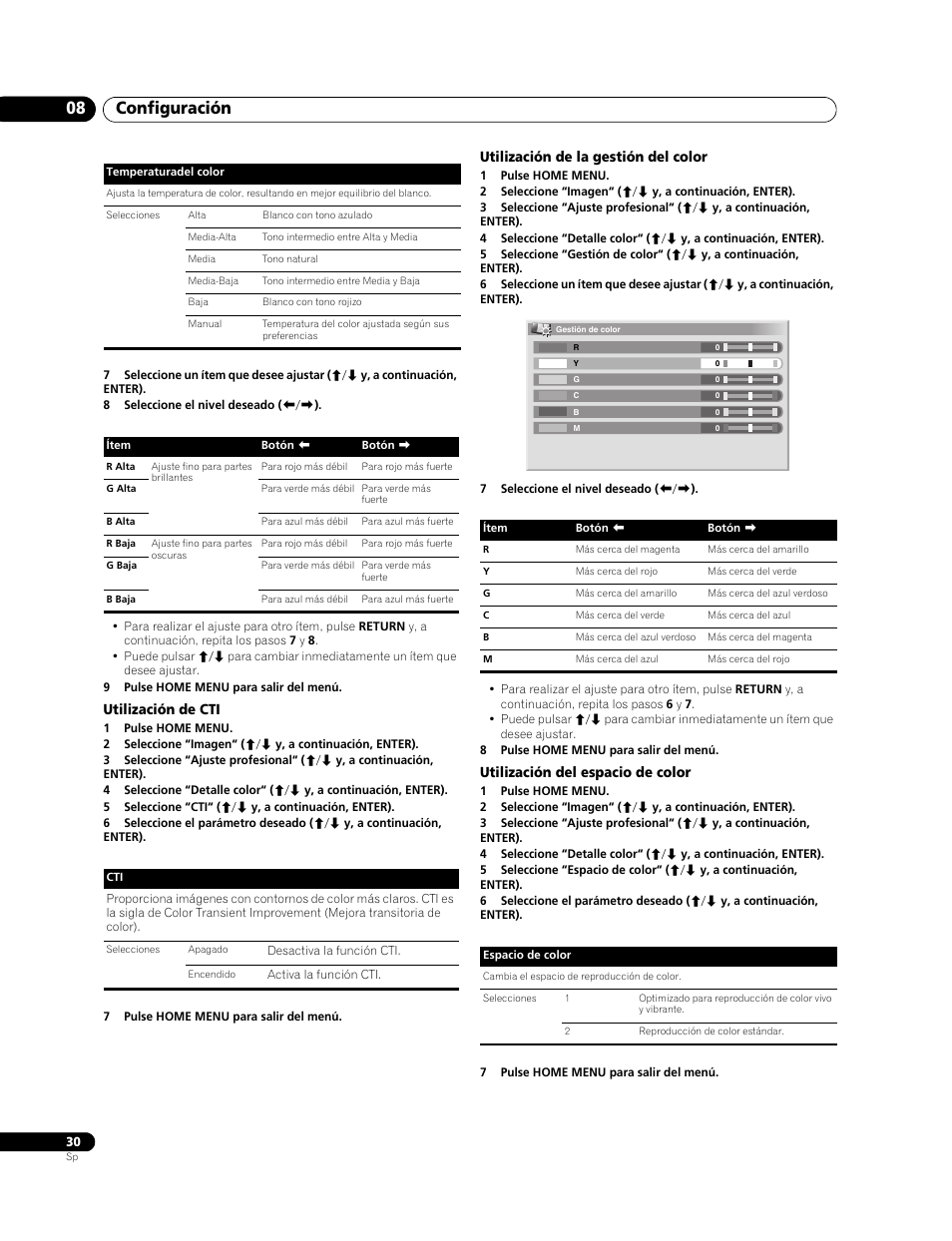 Utilización de cti, Utilización de la gestión del color, Utilización del espacio de color | Configuración 08 | Pioneer PureVision PDP-507XG User Manual | Page 78 / 195