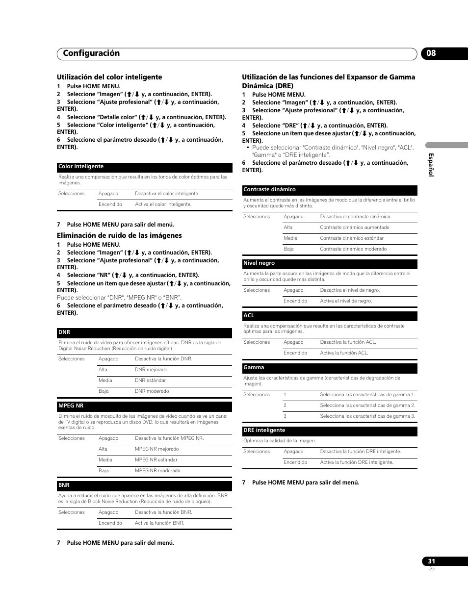 Utilización del color inteligente, Eliminación de ruido de las imágenes, Configuración 08 | Pioneer PureVision PDP-507XG User Manual | Page 79 / 195