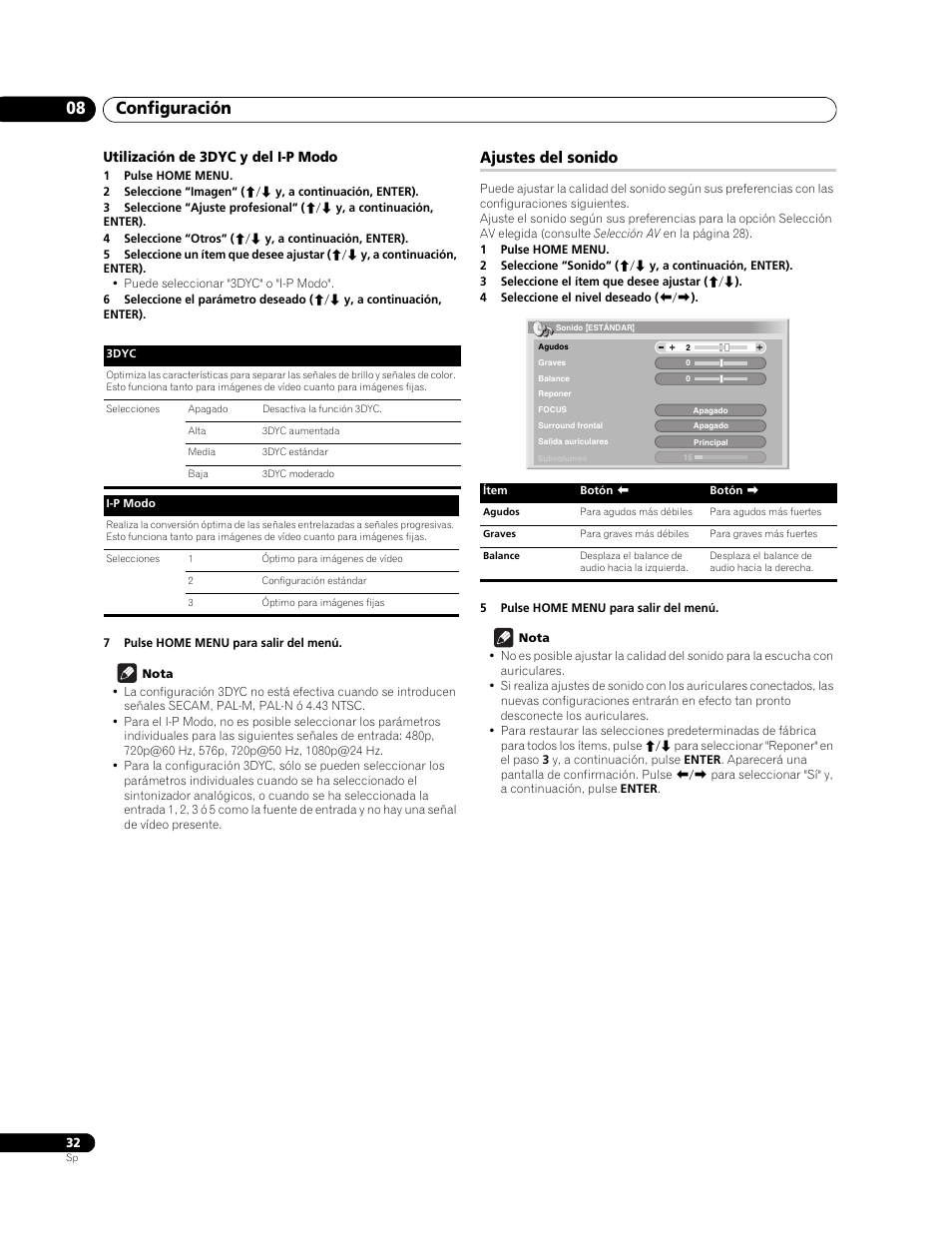 Utilización de 3dyc y del i-p modo, Ajustes del sonido, Configuración 08 | Pioneer PureVision PDP-507XG User Manual | Page 80 / 195