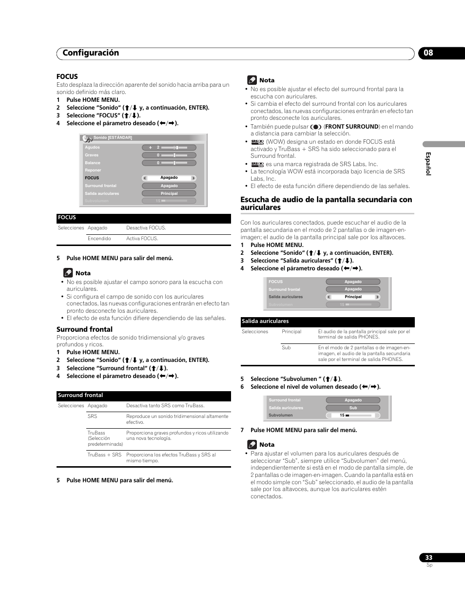 Focus, Surround frontal, Configuración 08 | Pioneer PureVision PDP-507XG User Manual | Page 81 / 195