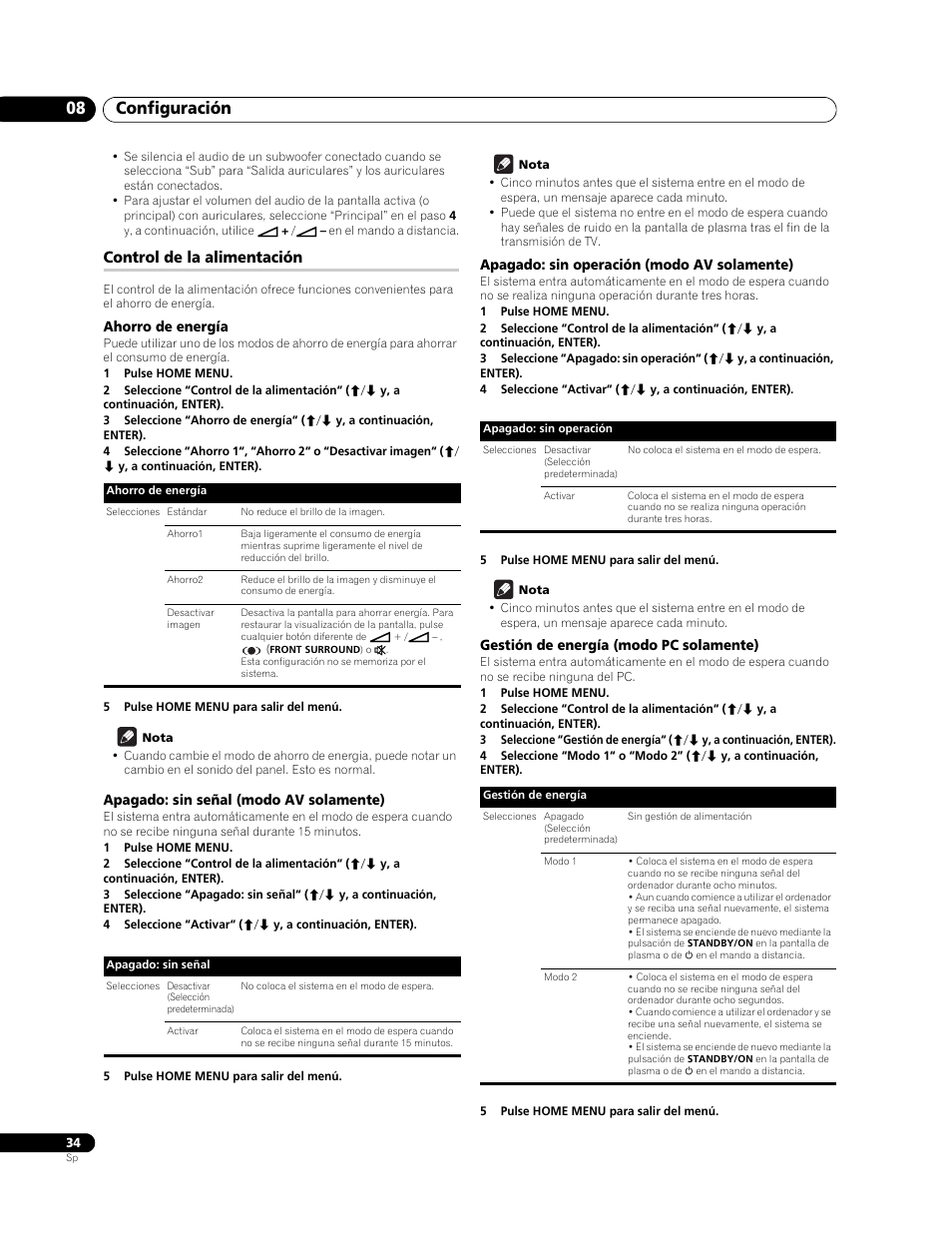 Control de la alimentación, Ahorro de energía, Apagado: sin señal (modo av solamente) | Apagado: sin operación (modo av solamente), Gestión de energía (modo pc solamente), Configuración 08 | Pioneer PureVision PDP-507XG User Manual | Page 82 / 195