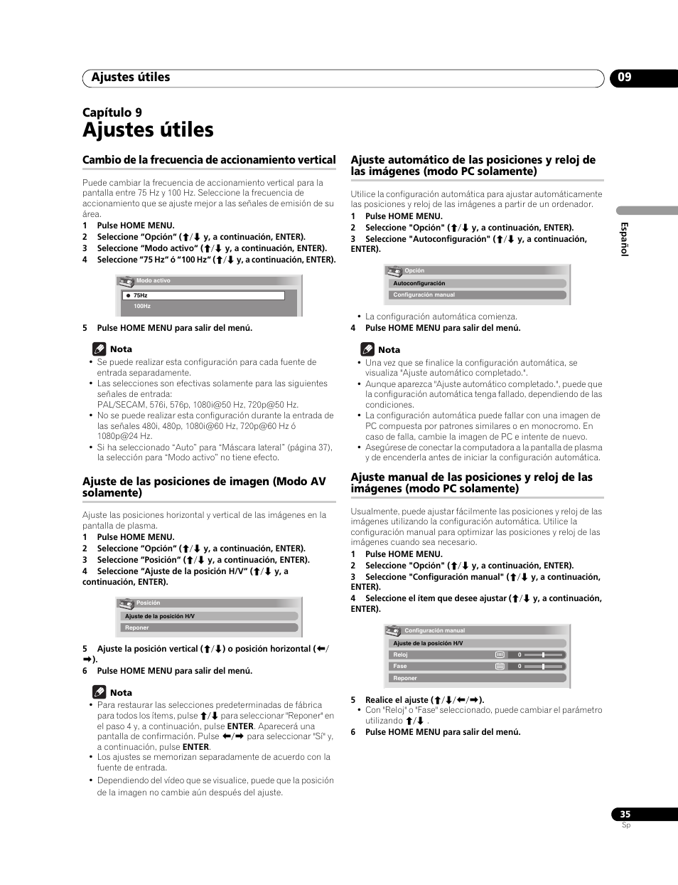 09 ajustes útiles, Cambio de la frecuencia de accionamiento vertical, Ajustes útiles | Ajustes útiles 09, Capítulo 9 | Pioneer PureVision PDP-507XG User Manual | Page 83 / 195