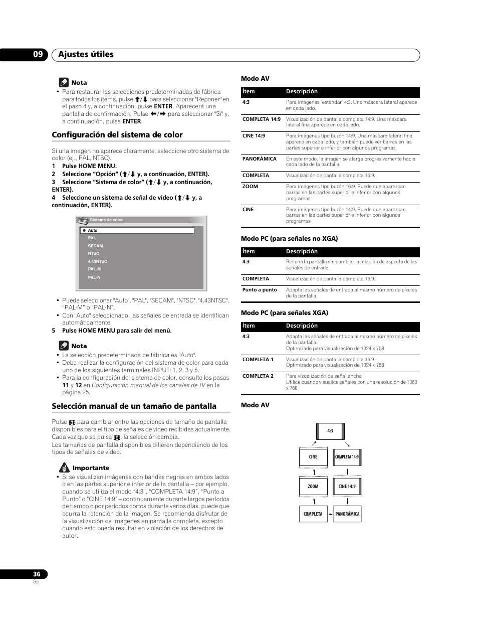 Configuración del sistema de color, Selección manual de un tamaño de pantalla, Ajustes útiles 09 | Pioneer PureVision PDP-507XG User Manual | Page 84 / 195