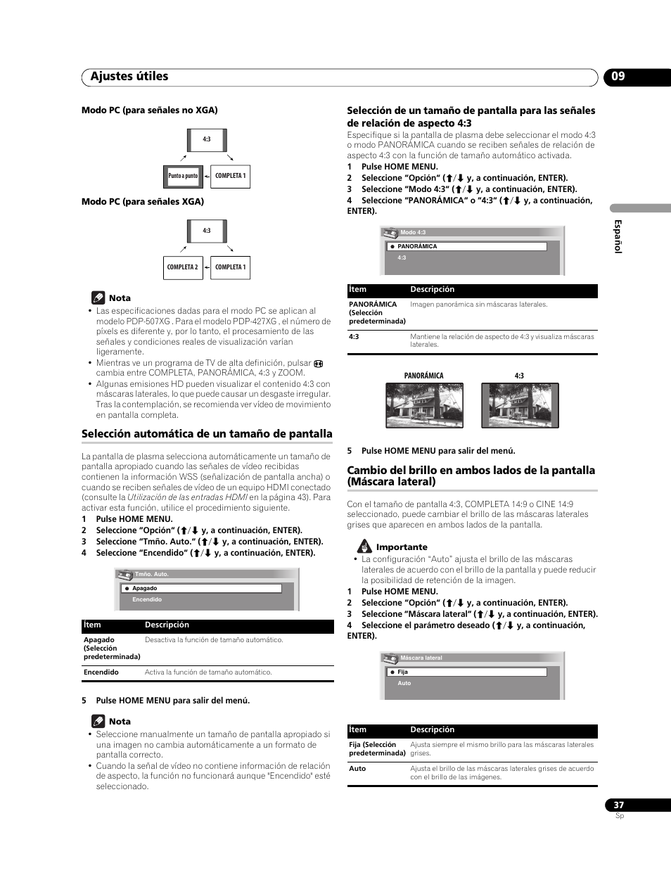 Selección automática de un tamaño de pantalla, Ajustes útiles 09 | Pioneer PureVision PDP-507XG User Manual | Page 85 / 195