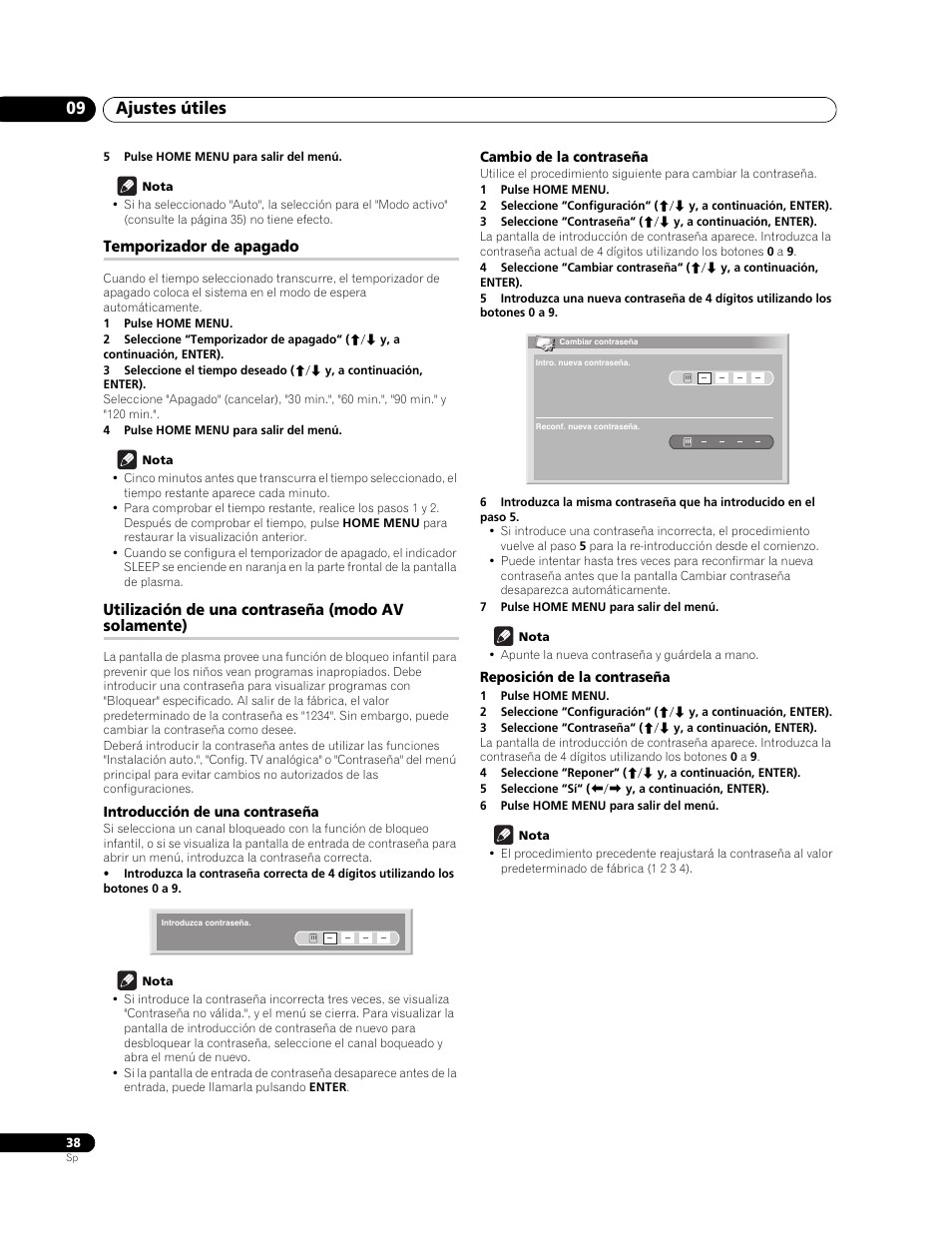 Temporizador de apagado, Utilización de una contraseña (modo av solamente), Introducción de una contraseña | Cambio de la contraseña, Reposición de la contraseña, Ajustes útiles 09 | Pioneer PureVision PDP-507XG User Manual | Page 86 / 195
