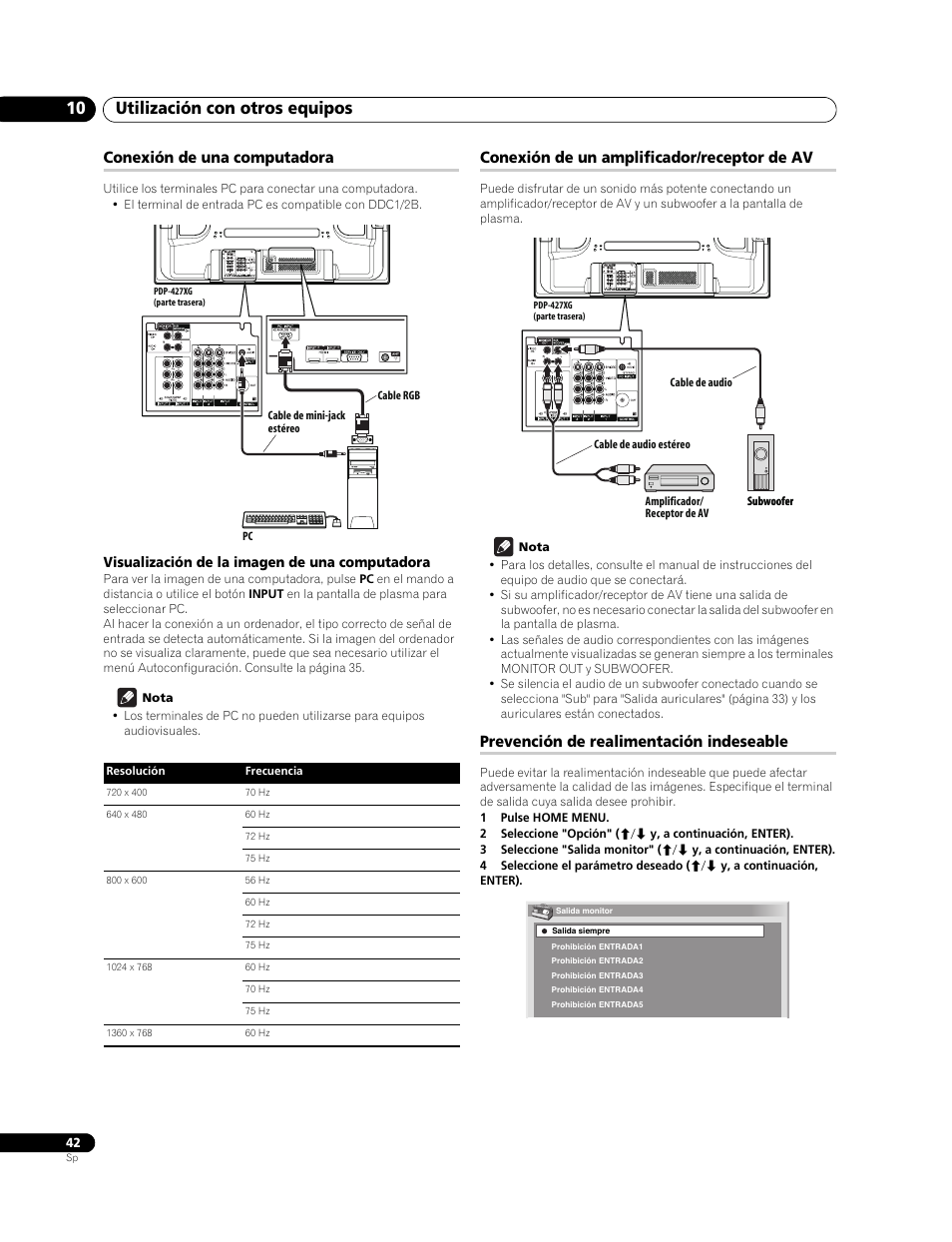 Conexión de una computadora, Visualización de la imagen de una computadora, Conexión de un amplificador/receptor de av | Prevención de realimentación indeseable, Utilización con otros equipos 10 | Pioneer PureVision PDP-507XG User Manual | Page 90 / 195