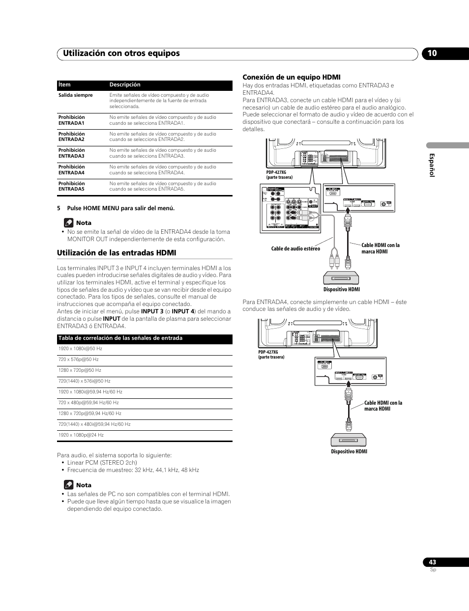 Utilización de las entradas hdmi, Conexión de un equipo hdmi, Utilización con otros equipos 10 | Pioneer PureVision PDP-507XG User Manual | Page 91 / 195