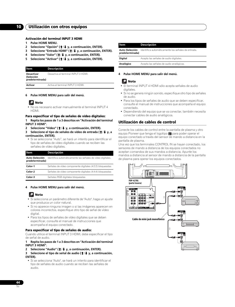 Utilización de cables de control, Utilización con otros equipos 10 | Pioneer PureVision PDP-507XG User Manual | Page 92 / 195