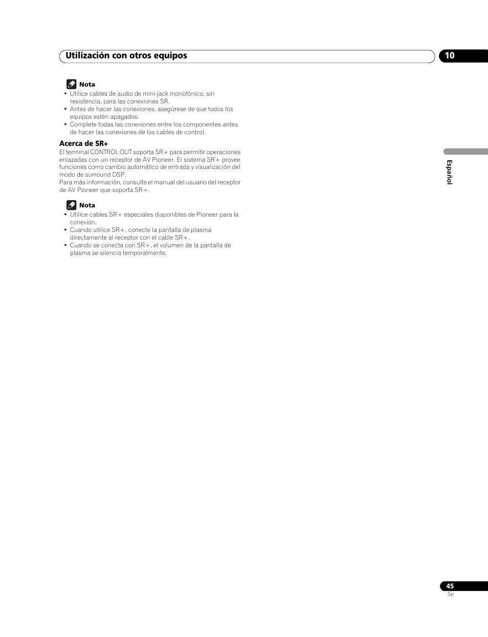Acerca de sr, Utilización con otros equipos 10 | Pioneer PureVision PDP-507XG User Manual | Page 93 / 195