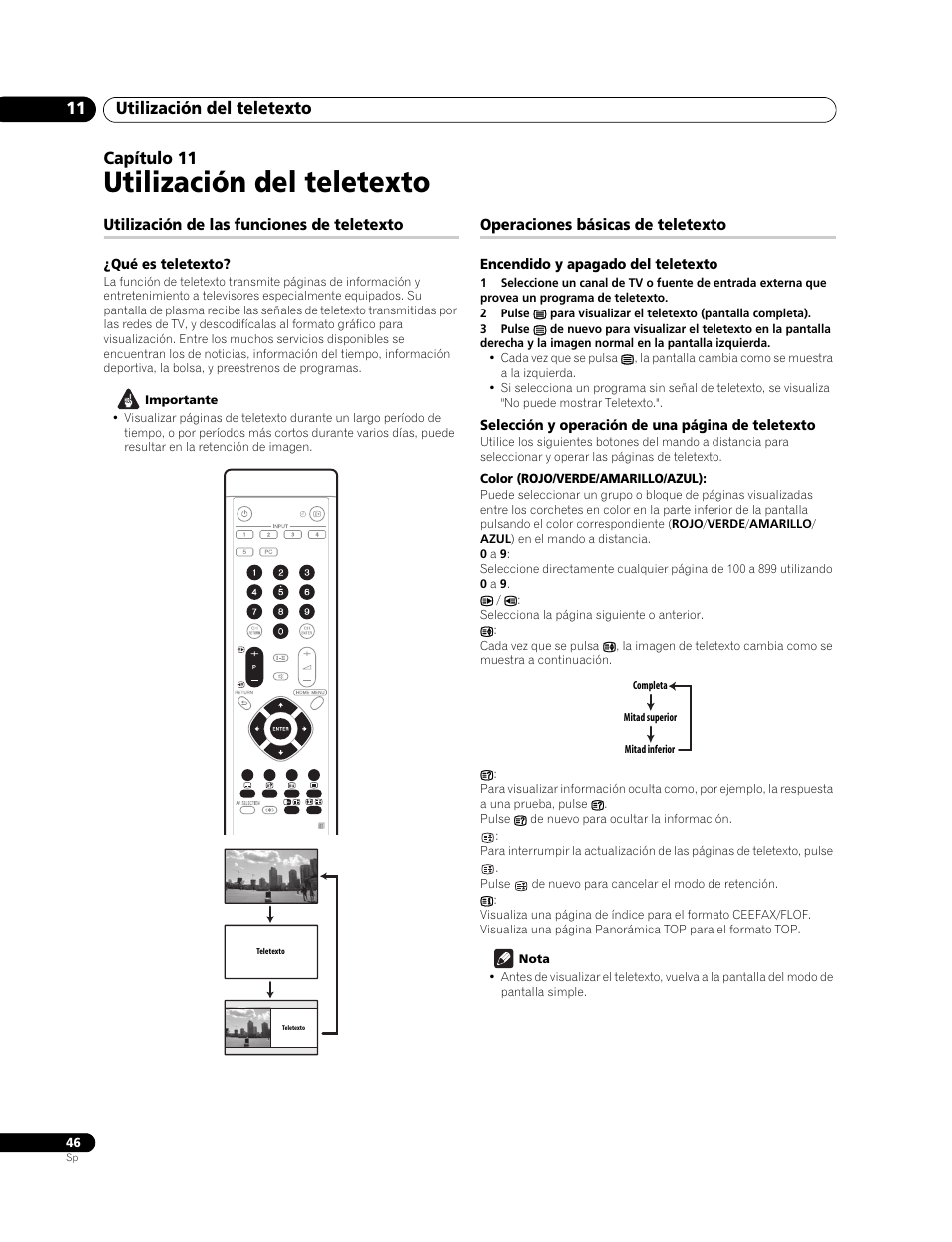 11 utilización del teletexto, Utilización de las funciones de teletexto, Qué es teletexto | Operaciones básicas de teletexto, Encendido y apagado del teletexto, Utilización del teletexto, Utilización del teletexto 11, Capítulo 11 | Pioneer PureVision PDP-507XG User Manual | Page 94 / 195