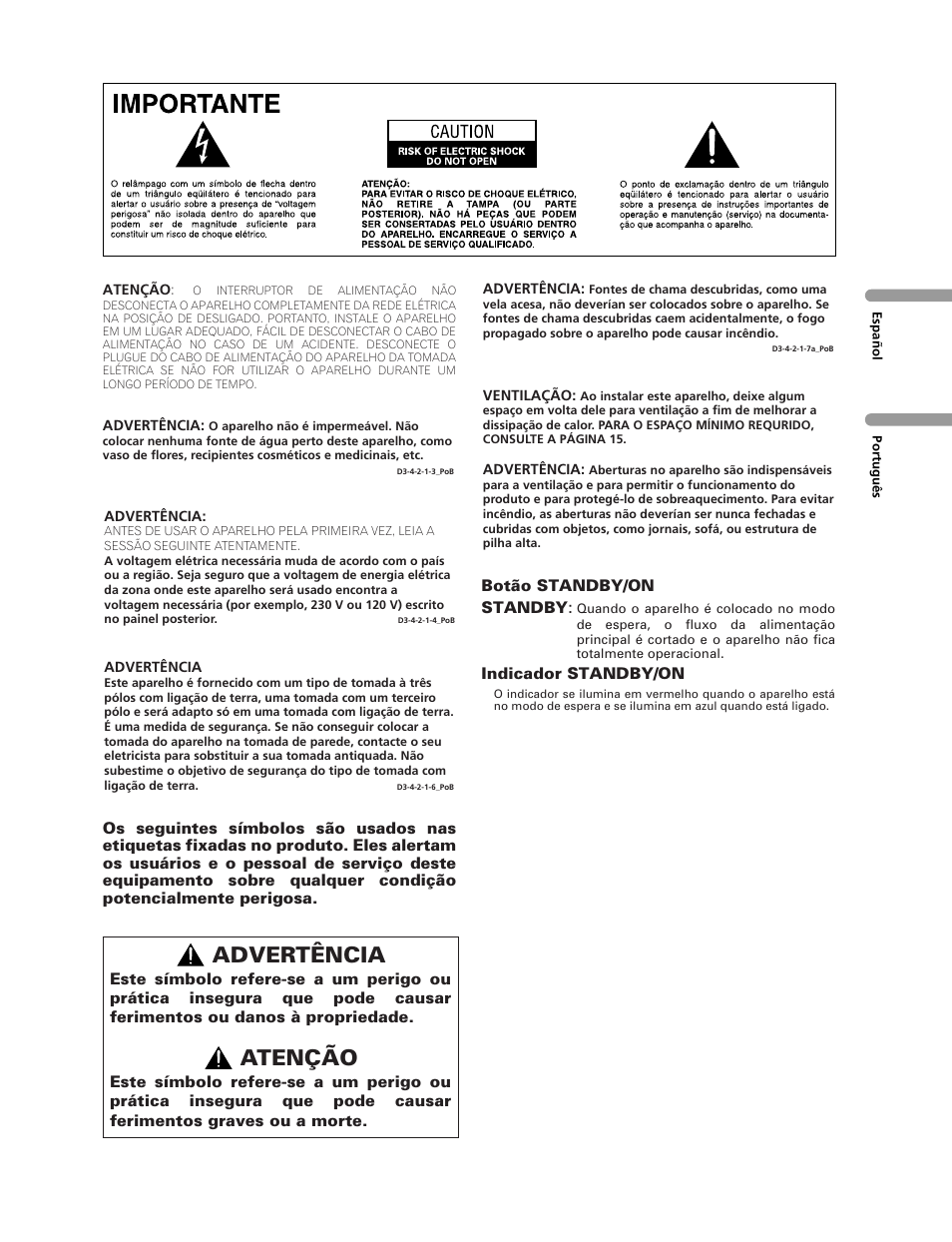 Advertência, Atenção | Pioneer PureVision PDP-507XG User Manual | Page 99 / 195