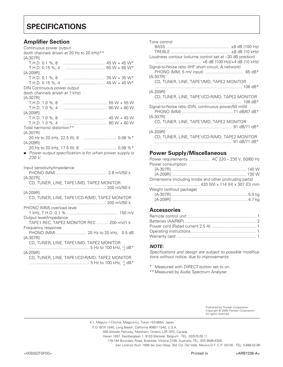 Specifications, Power supply/miscellaneous, Accessories | Pioneer A-307R A-209R User Manual | Page 12 / 12