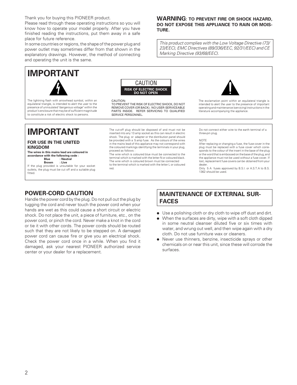 Important, Maintenance of external sur- faces, Power-cord caution | Caution, Warning | Pioneer A-307R A-209R User Manual | Page 2 / 12