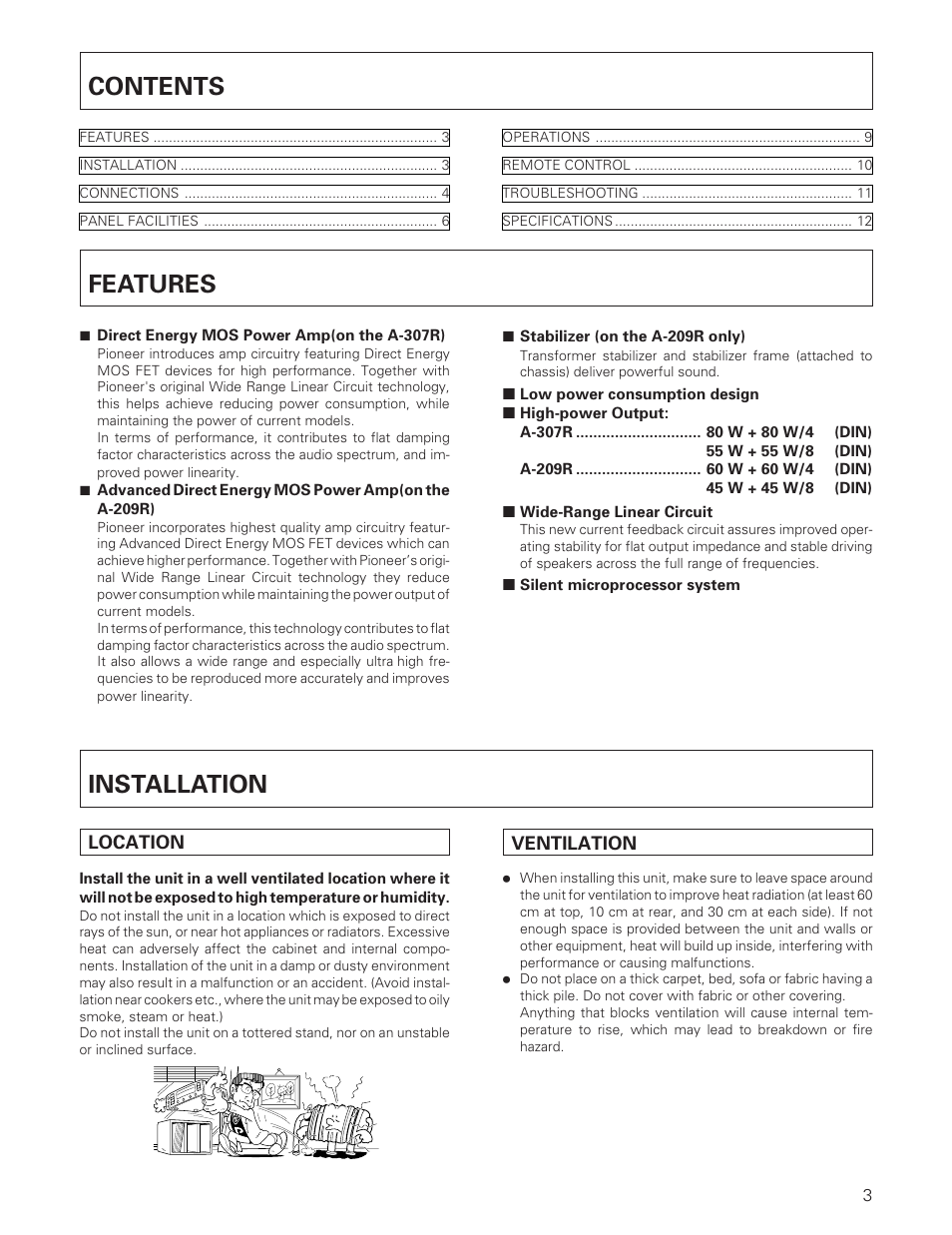 Operating instructions, Stereo amplifier, A-307r a-209r | Contents features, Installation | Pioneer A-307R A-209R User Manual | Page 3 / 12