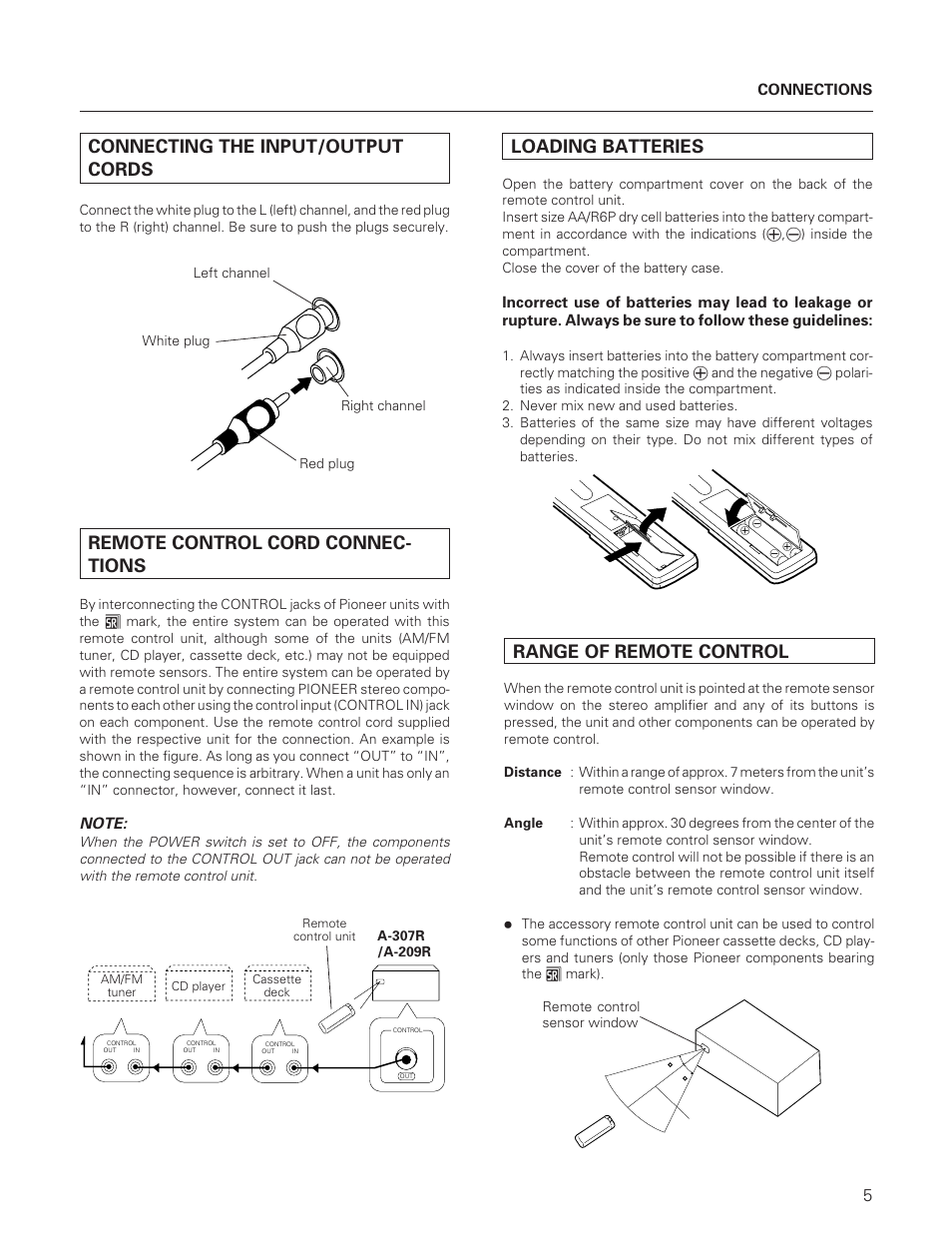 Connecting the input/output cords, Remote control cord connec- tions, Loading batteries | Range of remote control | Pioneer A-307R A-209R User Manual | Page 5 / 12