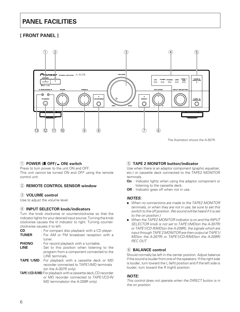 Panel facilities, Front panel, Power ( — off/ _ on) switch | Remote control sensor window, Volume control, Input selector knob/indicators, Tape 2 monitor button/indicator, Balance control | Pioneer A-307R A-209R User Manual | Page 6 / 12