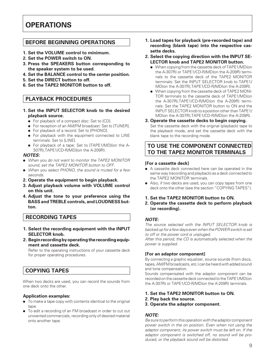 Operations | Pioneer A-307R A-209R User Manual | Page 9 / 12