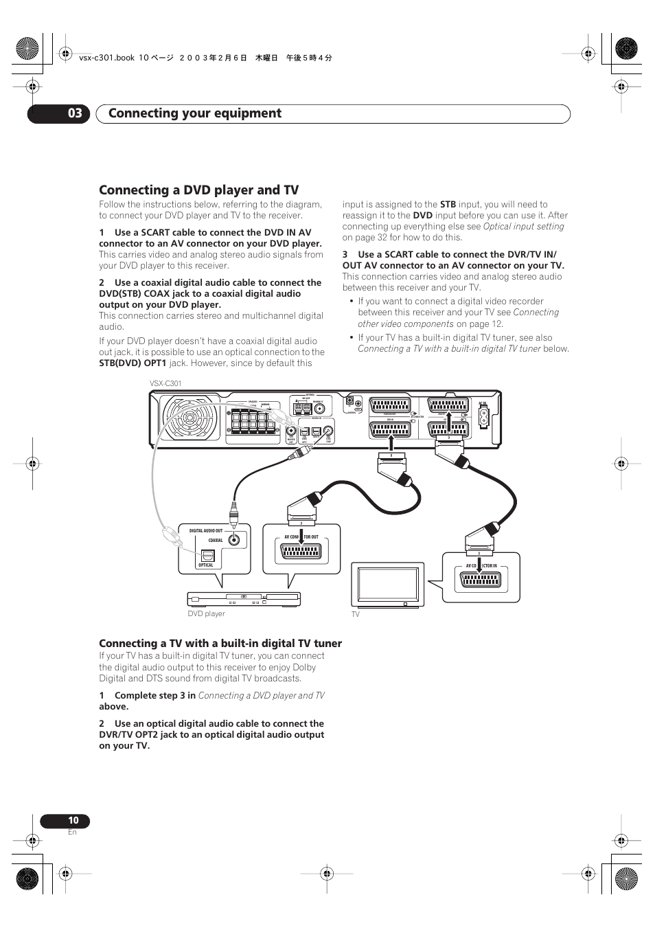 Connecting a dvd player and tv, Connecting a tv with a built-in digital tv tuner, Connecting your equipment 03 | Pioneer VSX-C301 User Manual | Page 10 / 44
