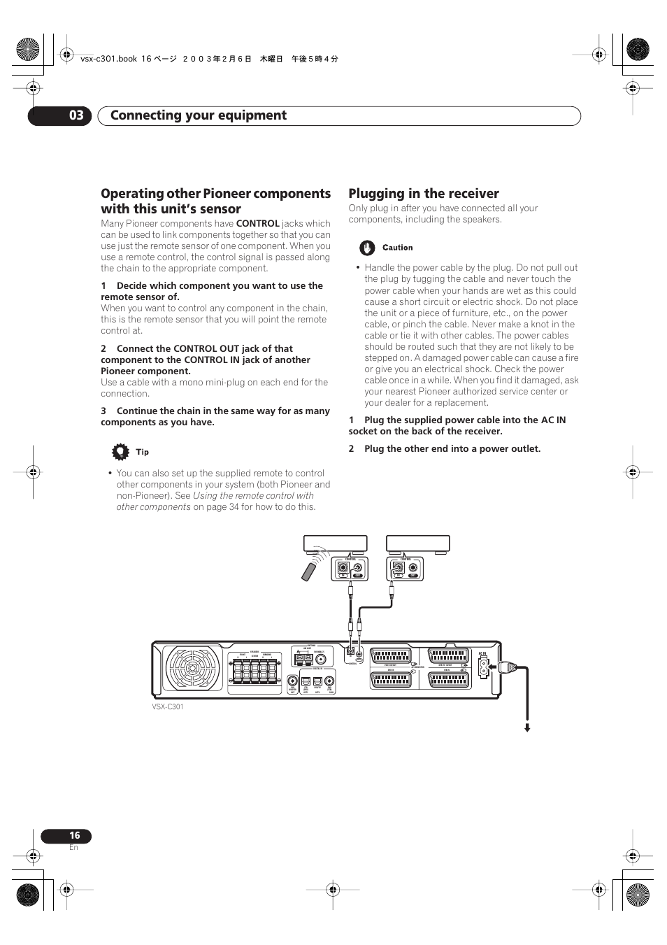 Plugging in the receiver, Connecting your equipment 03, Many pioneer components have | Control, Using the remote control with other components, On page 34 for how to do this | Pioneer VSX-C301 User Manual | Page 16 / 44