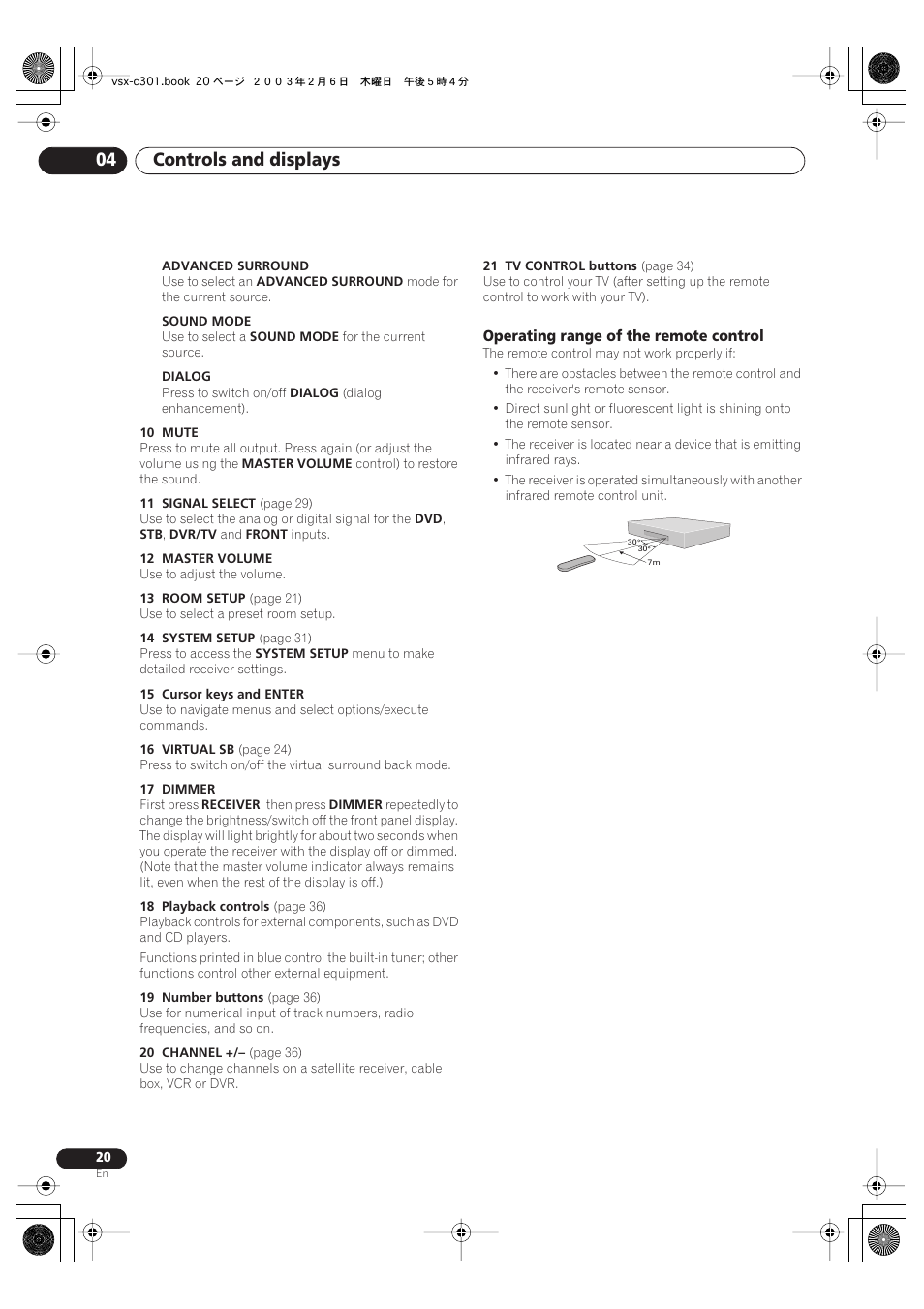 Operating range of the remote control, Controls and displays 04 | Pioneer VSX-C301 User Manual | Page 20 / 44