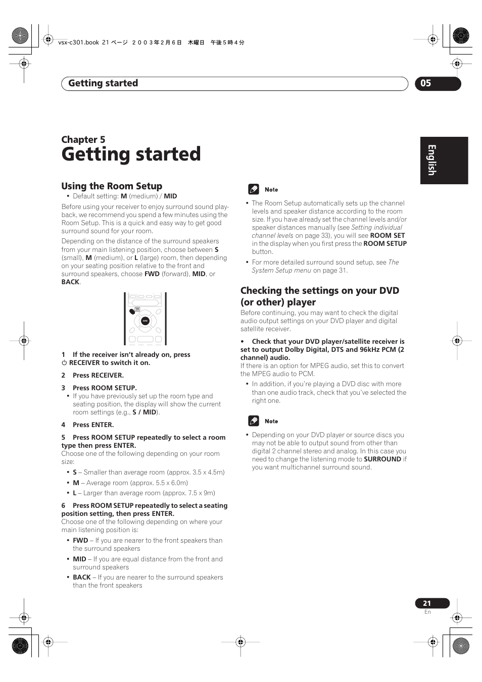 Using the room setup, Getting started, English | Getting started 05, Chapter 5 | Pioneer VSX-C301 User Manual | Page 21 / 44