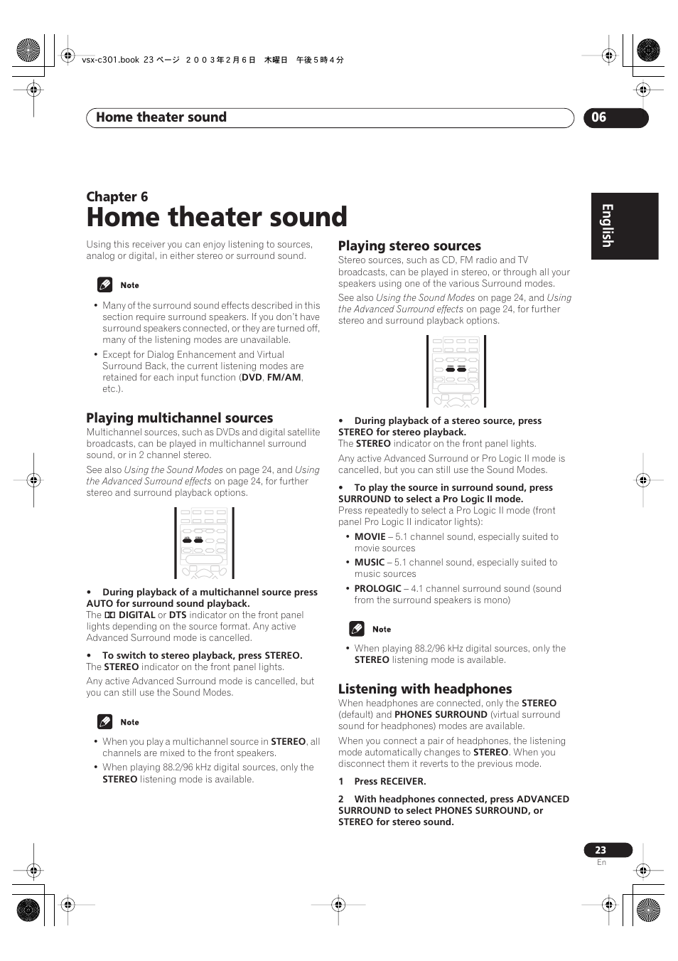 Playing multichannel sources, Playing stereo sources, Listening with headphones | Home theater sound, English, Home theater sound 06, Chapter 6 | Pioneer VSX-C301 User Manual | Page 23 / 44
