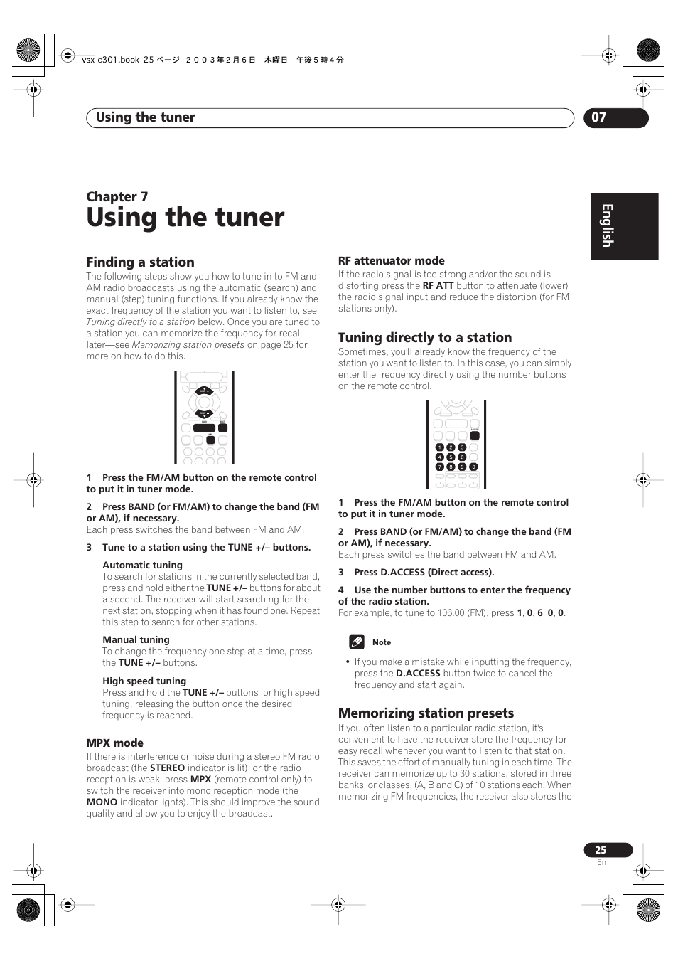 Finding a station, Mpx mode, Rf attenuator mode | Tuning directly to a station, Memorizing station presets, Using the tuner, English, Using the tuner 07, Chapter 7 | Pioneer VSX-C301 User Manual | Page 25 / 44