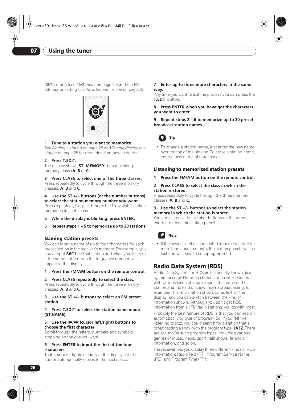 Naming station presets, Listening to memorized station presets, Radio data system (rds) | Using the tuner 07 | Pioneer VSX-C301 User Manual | Page 26 / 44