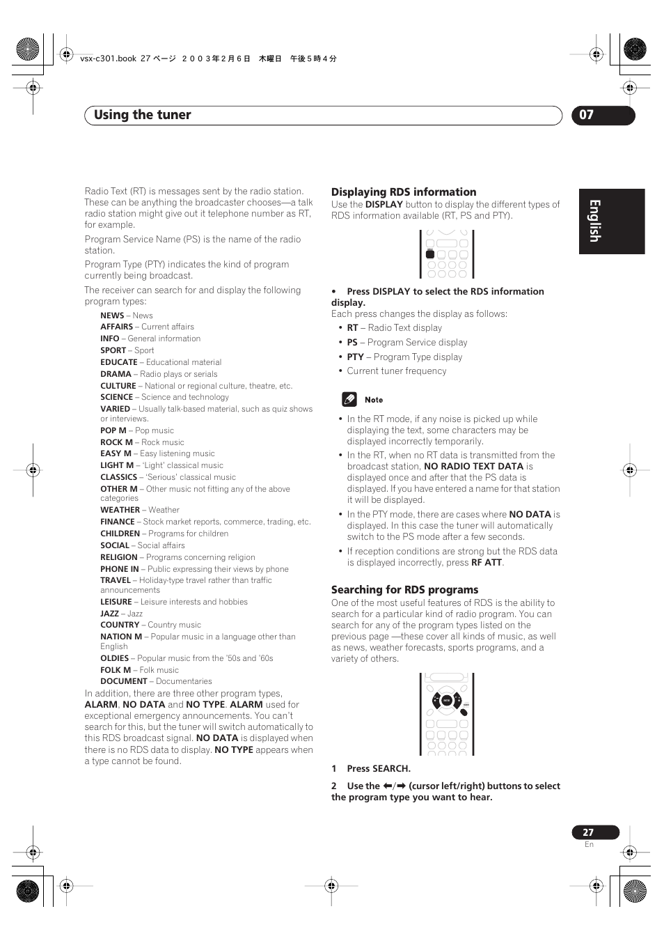 Displaying rds information, Searching for rds programs, English | Using the tuner 07 | Pioneer VSX-C301 User Manual | Page 27 / 44
