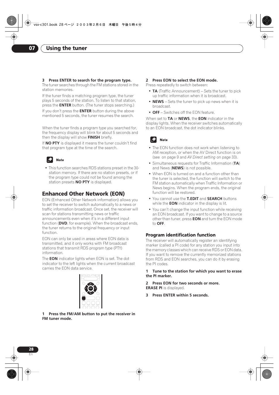 Enhanced other network (eon), Program identification function, Using the tuner 07 | Pioneer VSX-C301 User Manual | Page 28 / 44