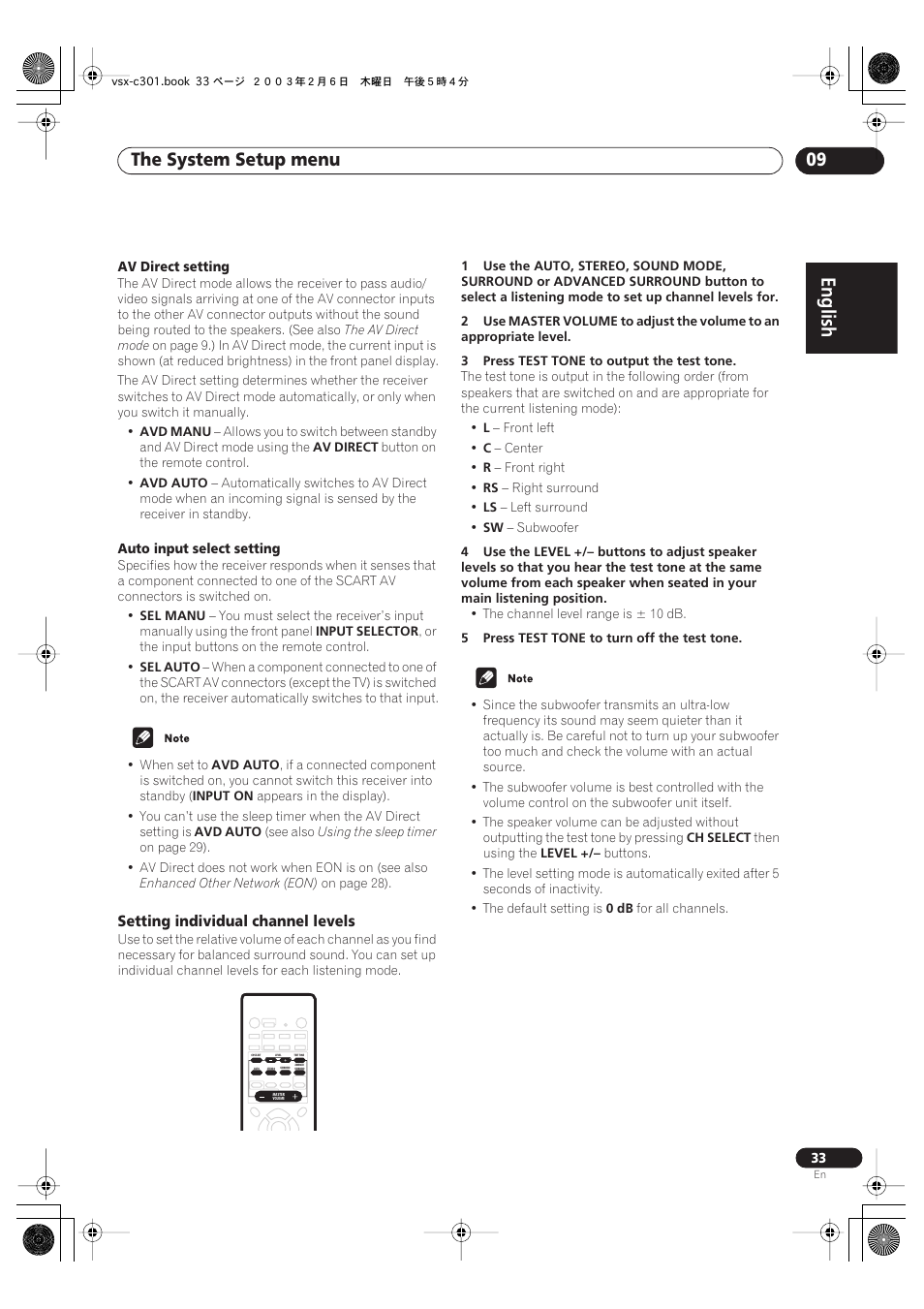 Setting individual channel levels, English, The system setup menu 09 | Pioneer VSX-C301 User Manual | Page 33 / 44