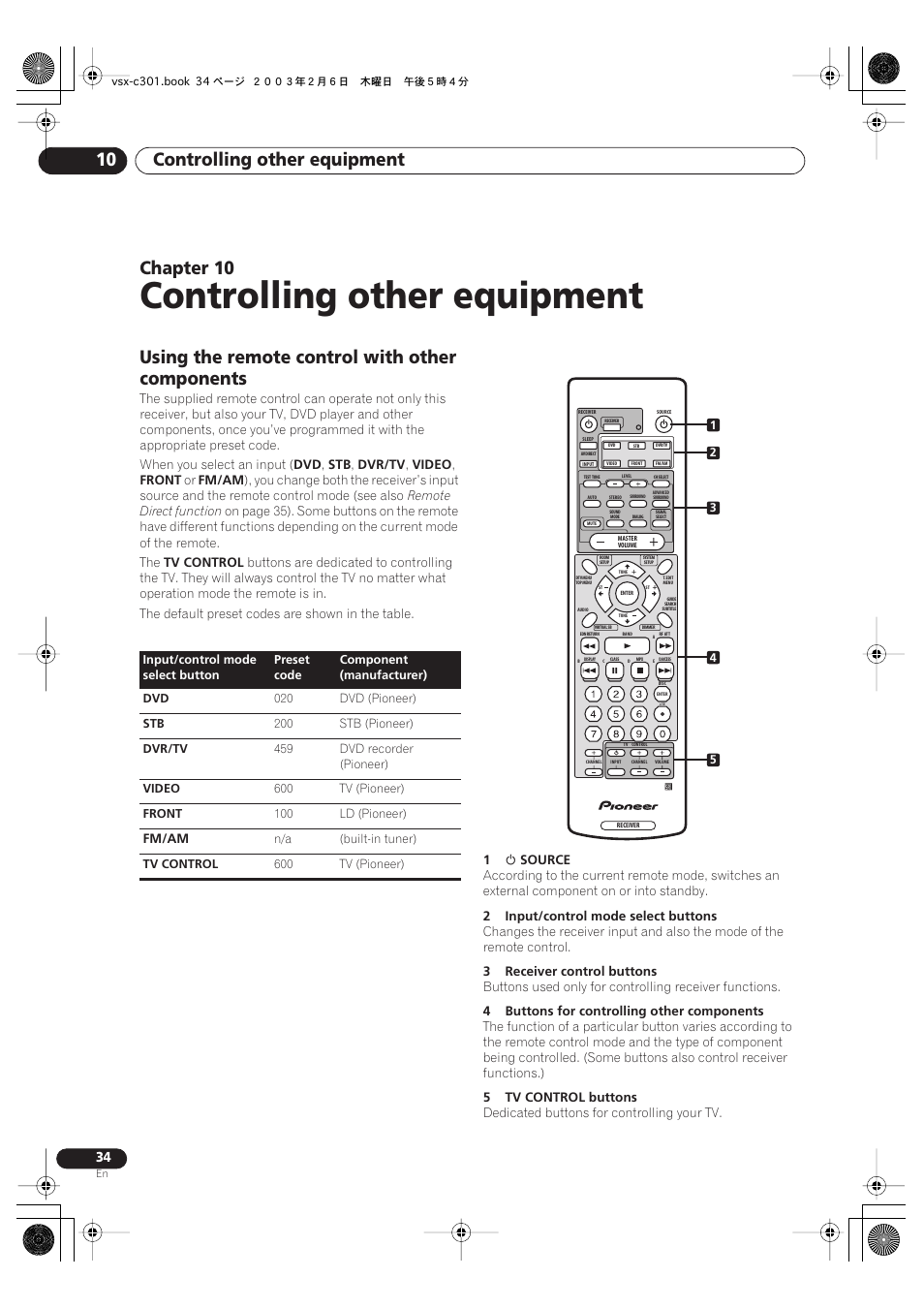 Using the remote control with other components, Controlling other equipment, Controlling other equipment 10 | Chapter 10 | Pioneer VSX-C301 User Manual | Page 34 / 44