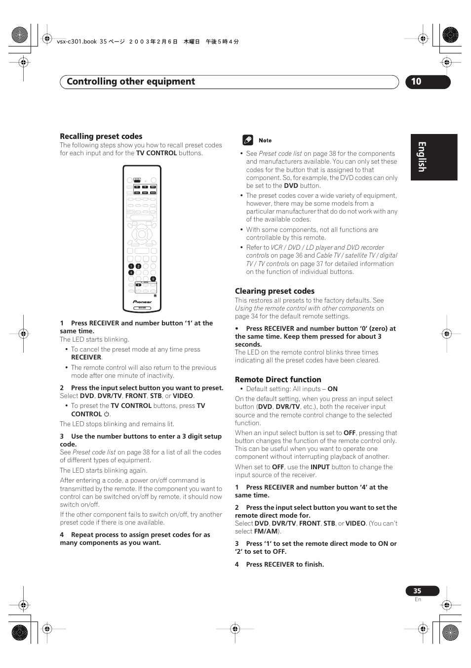 English, Controlling other equipment 10, Recalling preset codes | Clearing preset codes, Remote direct function | Pioneer VSX-C301 User Manual | Page 35 / 44