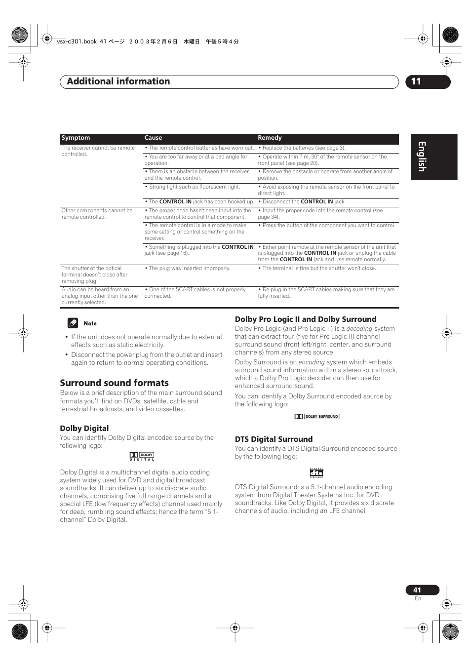 Surround sound formats, English, Additional information 11 | Pioneer VSX-C301 User Manual | Page 41 / 44