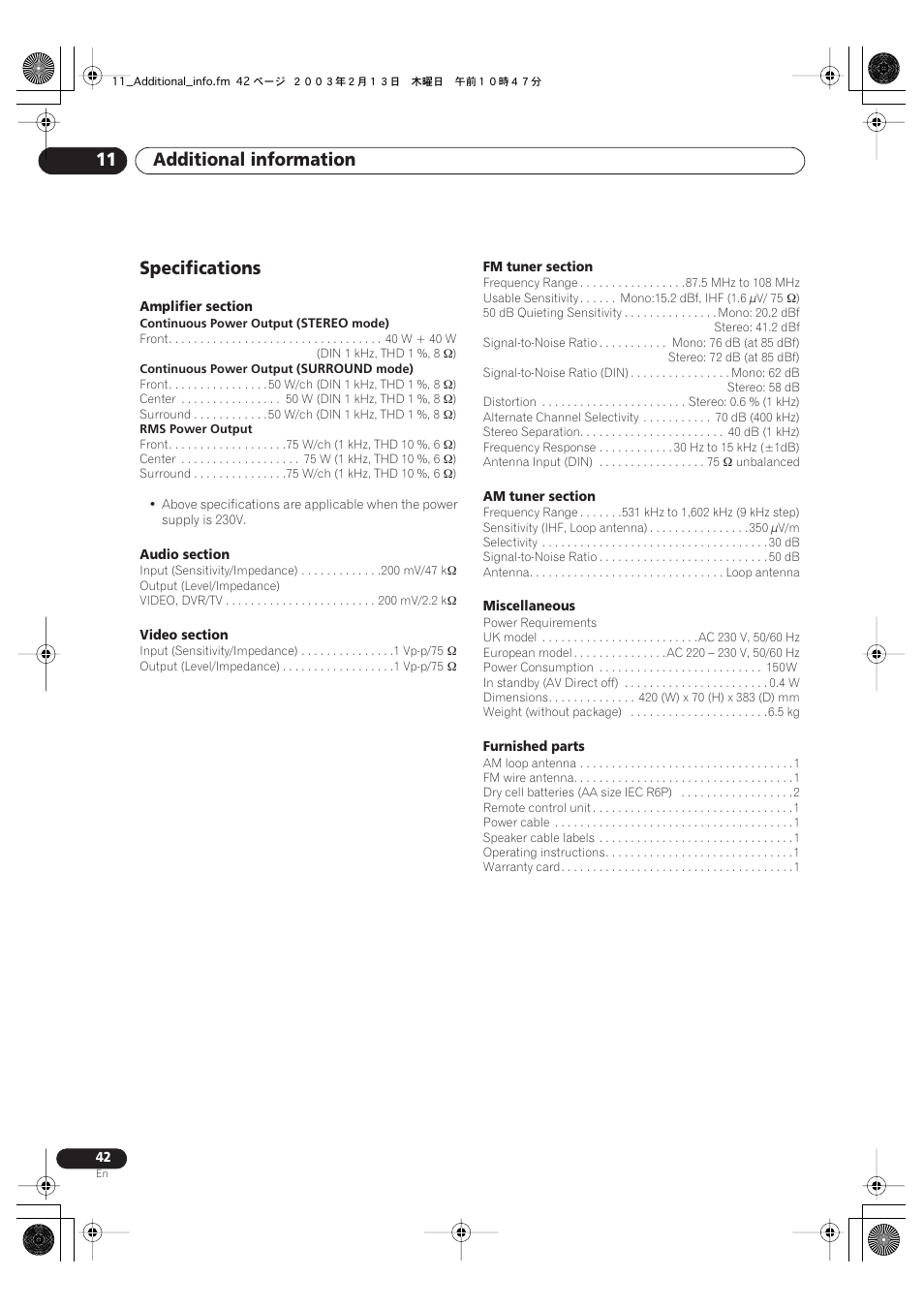 Specifications, Additional information 11 | Pioneer VSX-C301 User Manual | Page 42 / 44