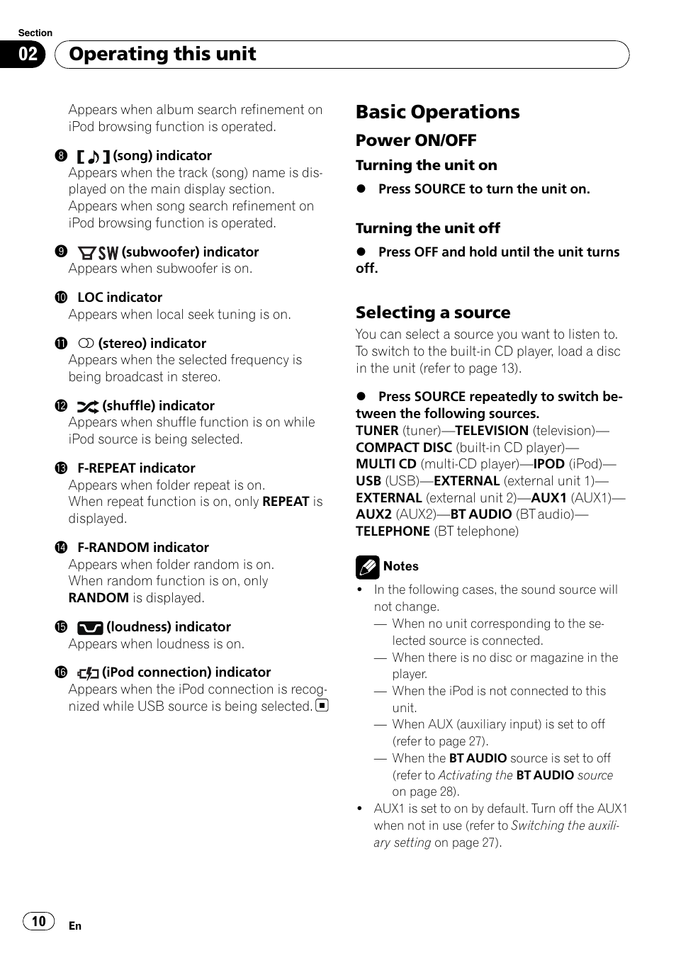 Basic operations, Power on/off 10, Selecting a source 10 | Operating this unit, Power on/off, Selecting a source | Pioneer DEH-P4050UB User Manual | Page 10 / 167