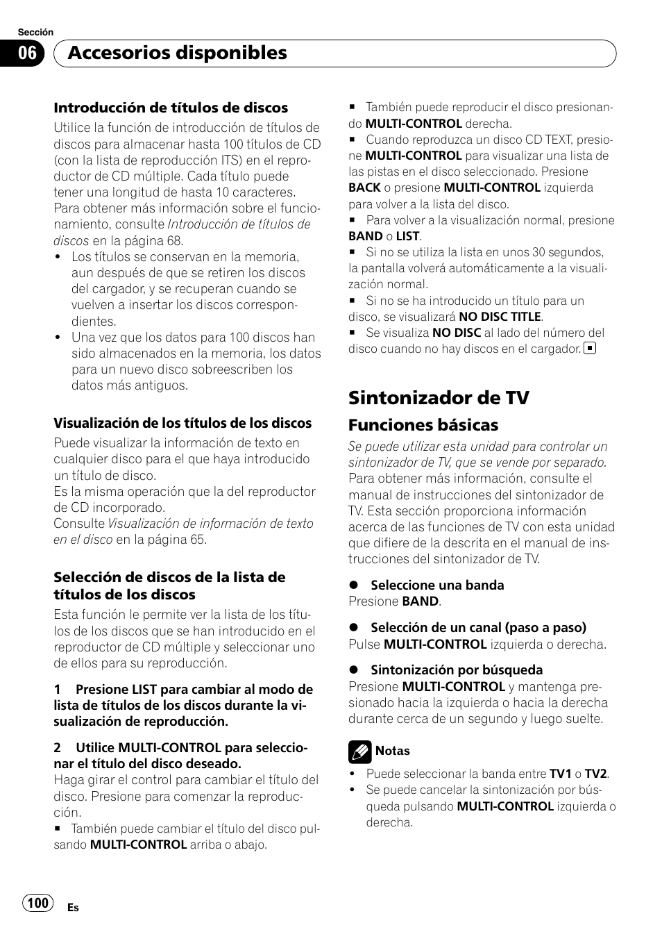 Sintonizador de tv, Funciones básicas 100, Accesorios disponibles | Funciones básicas | Pioneer DEH-P4050UB User Manual | Page 100 / 167