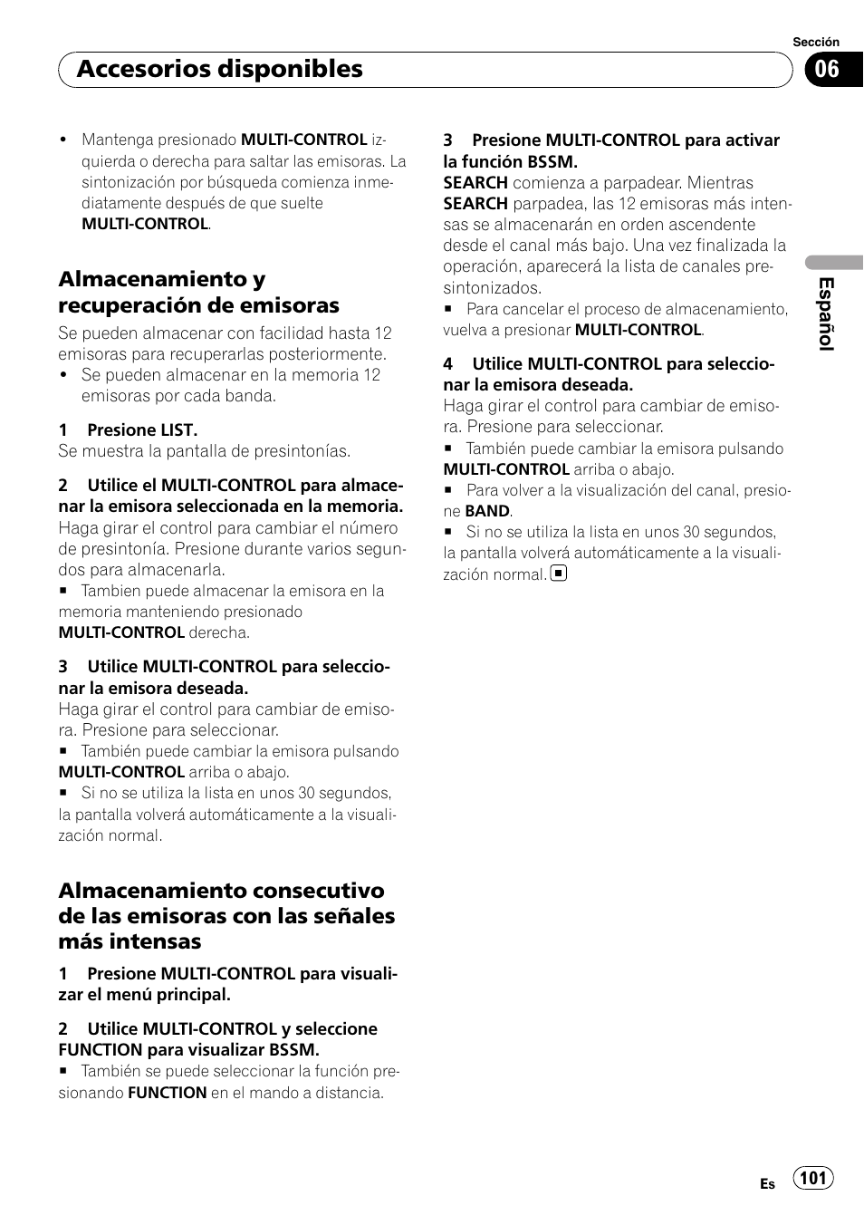 Almacenamiento y recuperación de, Emisoras, Almacenamiento consecutivo de las | Emisoras con las señales más intensas, Accesorios disponibles, Almacenamiento y recuperación de emisoras | Pioneer DEH-P4050UB User Manual | Page 101 / 167