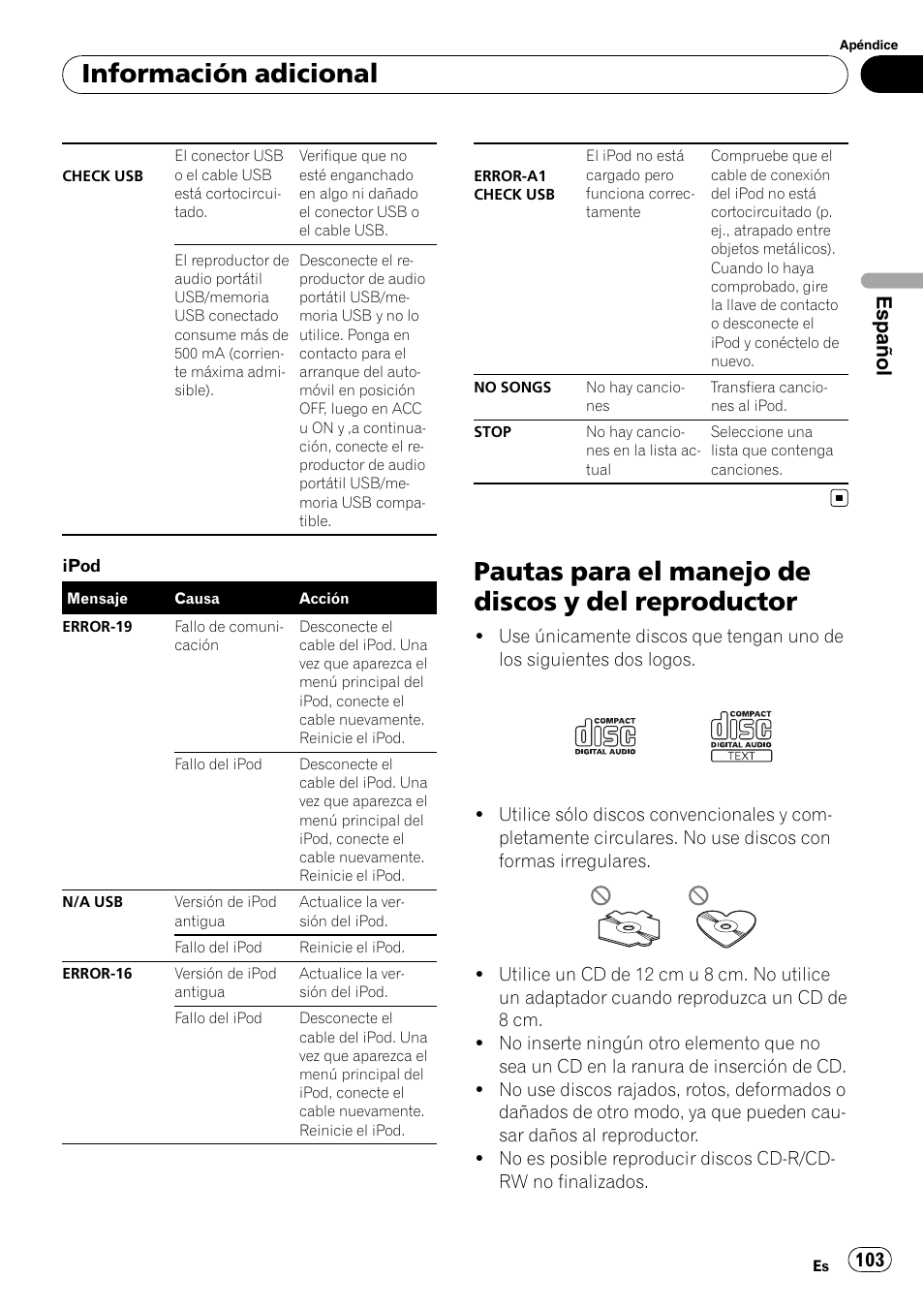 Pautas para el manejo de discos y del, Reproductor, Pautas para el manejo de discos y del reproductor | Información adicional, Español | Pioneer DEH-P4050UB User Manual | Page 103 / 167