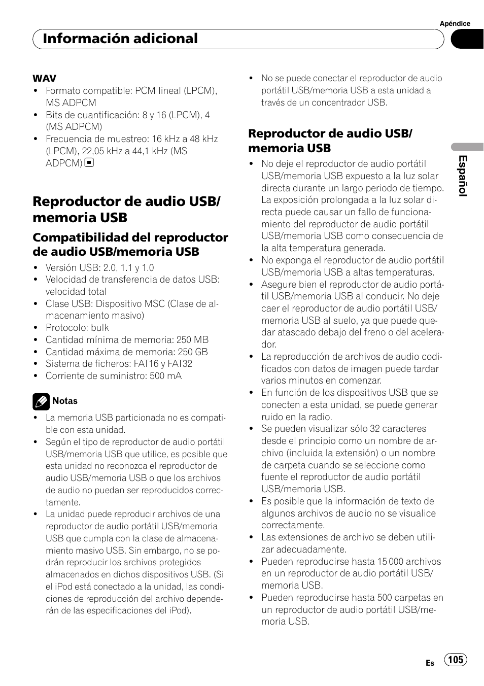 Reproductor de audio usb/memoria, Compatibilidad del reproductor de, Audio usb/memoria usb | Información adicional | Pioneer DEH-P4050UB User Manual | Page 105 / 167