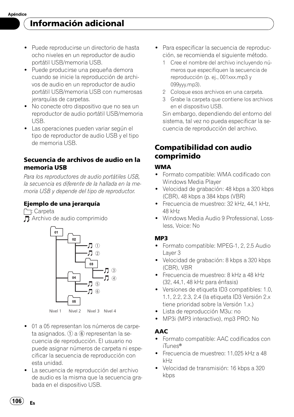 Compatibilidad con audio, Comprimido, Información adicional | Compatibilidad con audio comprimido | Pioneer DEH-P4050UB User Manual | Page 106 / 167