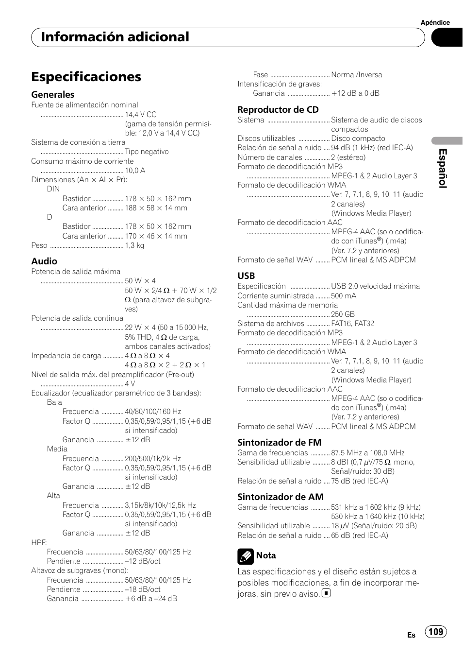 Especificaciones, Información adicional, Español | Generales, Audio, Reproductor de cd, Sintonizador de fm, Sintonizador de am | Pioneer DEH-P4050UB User Manual | Page 109 / 167