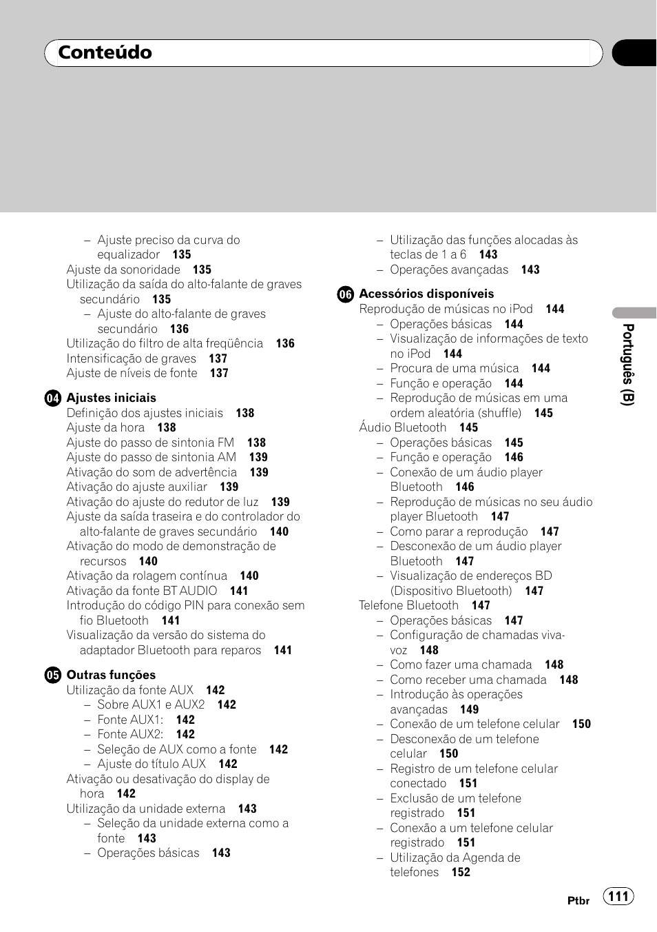 Conteúdo | Pioneer DEH-P4050UB User Manual | Page 111 / 167