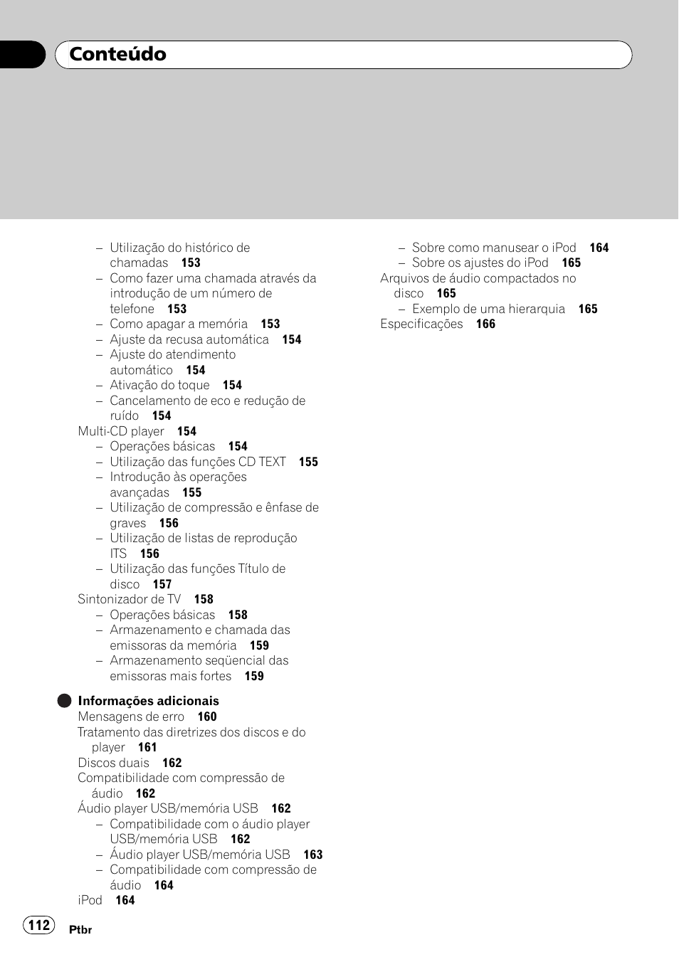 Conteúdo | Pioneer DEH-P4050UB User Manual | Page 112 / 167