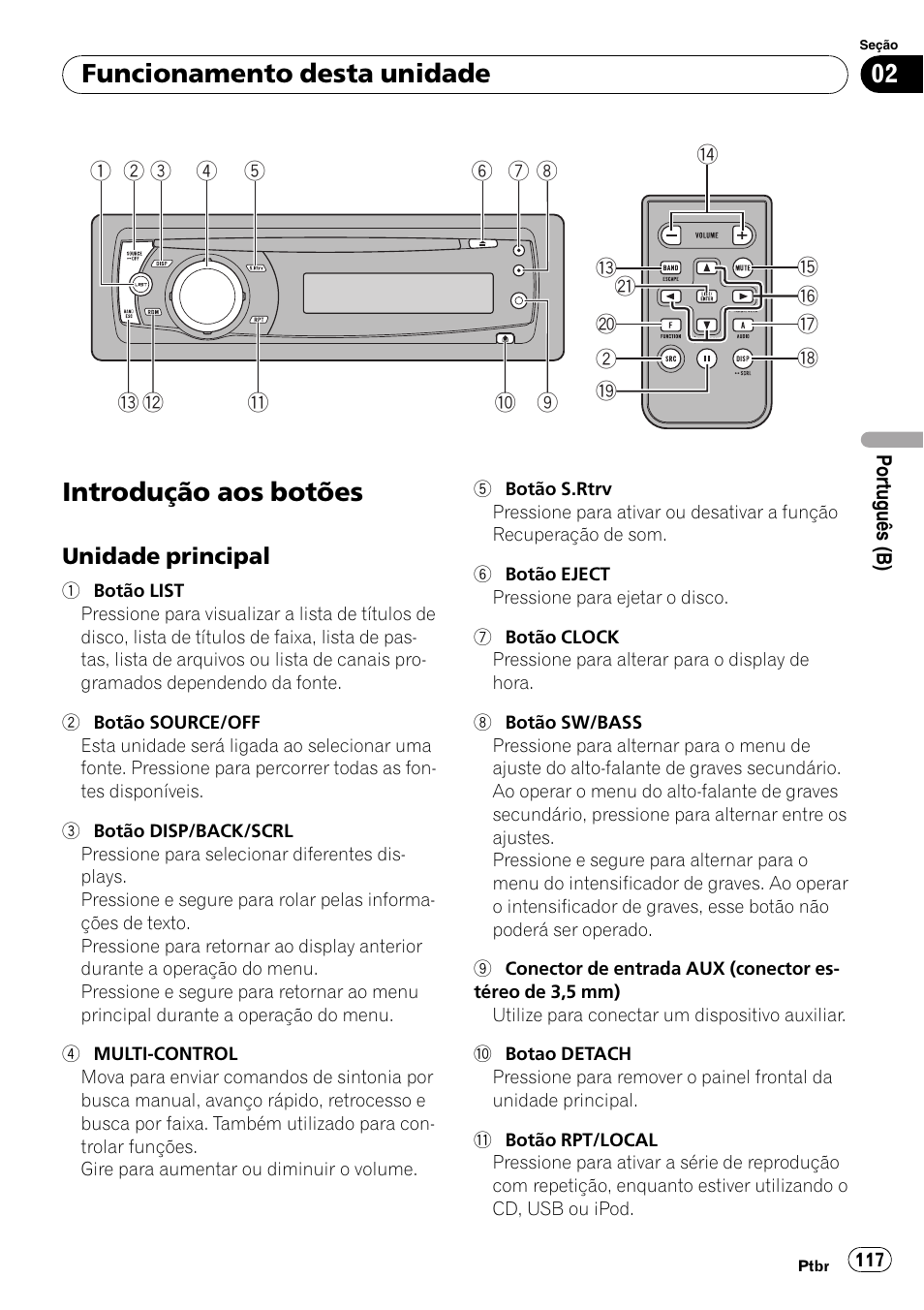 Funcionamento desta unidade introdução aos botões, Unidade principal 117, Introdução aos botões | Funcionamento desta unidade | Pioneer DEH-P4050UB User Manual | Page 117 / 167