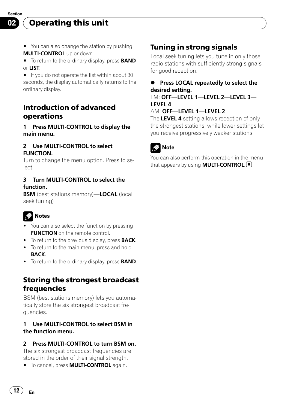 Introduction of advanced, Operations, Storing the strongest broadcast | Frequencies, Tuning in strong signals 12, Operating this unit, Introduction of advanced operations, Storing the strongest broadcast frequencies, Tuning in strong signals | Pioneer DEH-P4050UB User Manual | Page 12 / 167