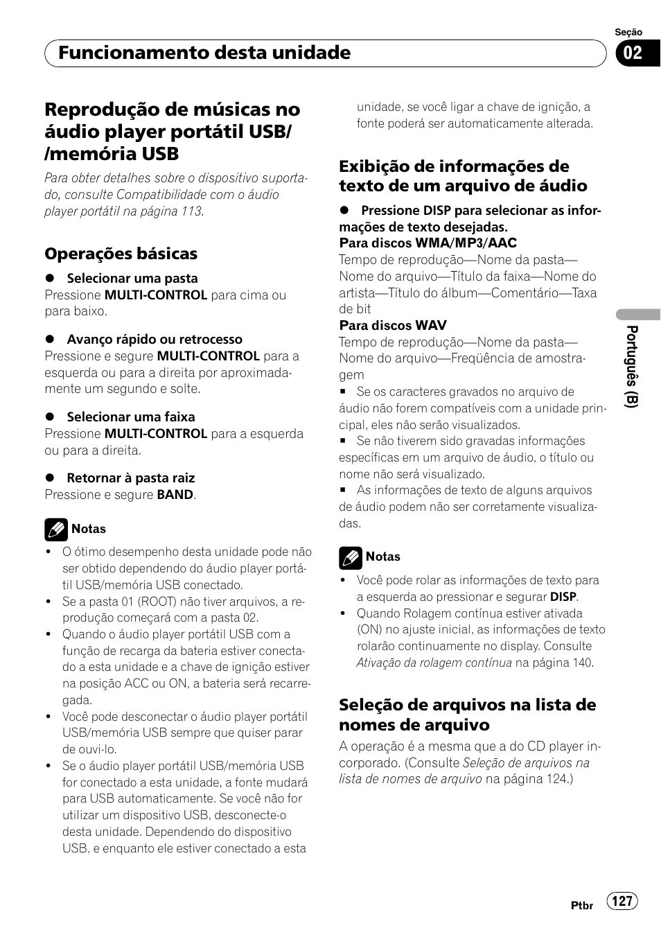 Reprodução de músicas no áudio player, Portátil usb/memória usb, Operações básicas 127 | Exibição de informações de texto de, Um arquivo de áudio, Seleção de arquivos na lista de nomes, De arquivo, Funcionamento desta unidade, Operações básicas, Seleção de arquivos na lista de nomes de arquivo | Pioneer DEH-P4050UB User Manual | Page 127 / 167