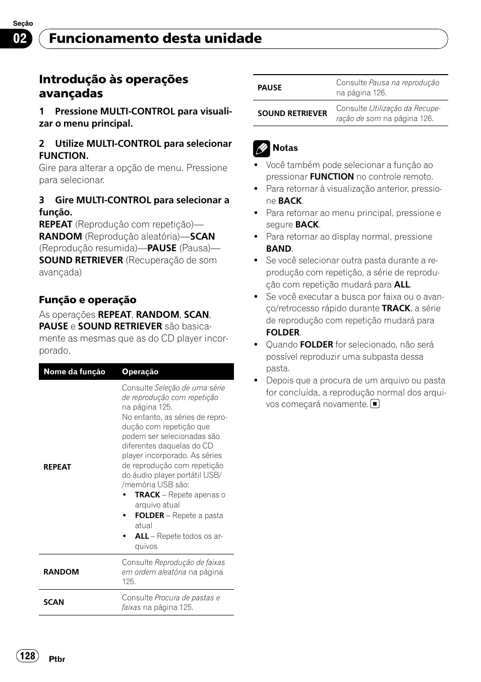 Introdução às operações, Avançadas, Funcionamento desta unidade | Introdução às operações avançadas | Pioneer DEH-P4050UB User Manual | Page 128 / 167