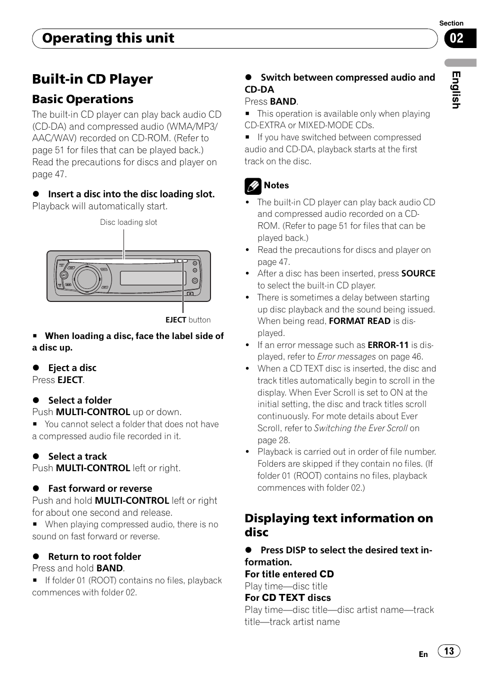 Built-in cd player, Basic operations 13, Displaying text information on disc 13 | Operating this unit, Basic operations, Displaying text information on disc | Pioneer DEH-P4050UB User Manual | Page 13 / 167