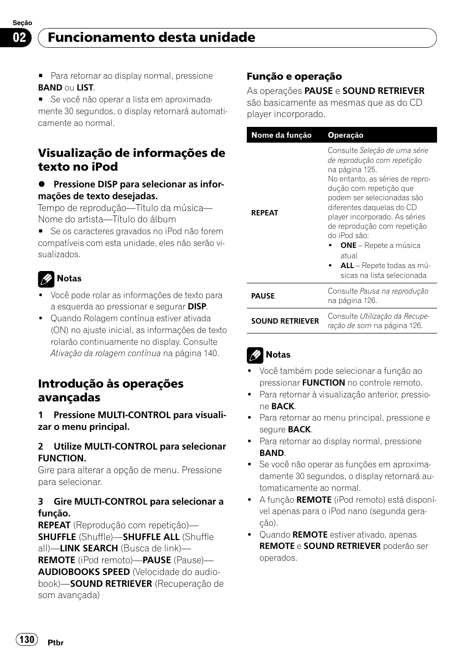 Visualização de informações de texto, No ipod, Introdução às operações | Avançadas, Funcionamento desta unidade, Visualização de informações de texto no ipod, Introdução às operações avançadas | Pioneer DEH-P4050UB User Manual | Page 130 / 167